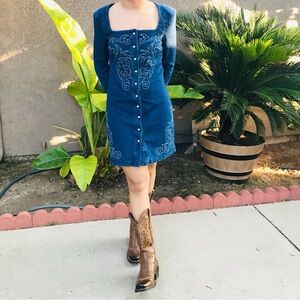 Western Country Cowgirl Blue Embroidered Mini Dress